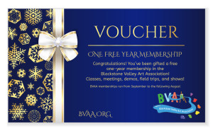 Blue Christmas voucher with golden snowflakes and white luxury ribbon